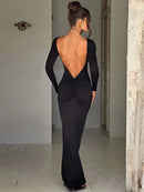 Dulzura O-Neck Long Sleeves Ruched Backless Maxi Dress Solid Sexy Elegant Long Dress Women’S Party Prom Clubwear Autumn Winter - M & M Global
