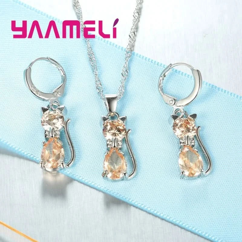 Real 925 Sterling Silver Color Jewelry Sets for Woman Girls Shining Austrian Crystal Cute Cat Pendant Necklace Huggie Earring - M & M Global