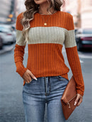 Color-block patchwork crewneck T-shirt, elegant long-sleeved T-shirt for spring and autumn, women's