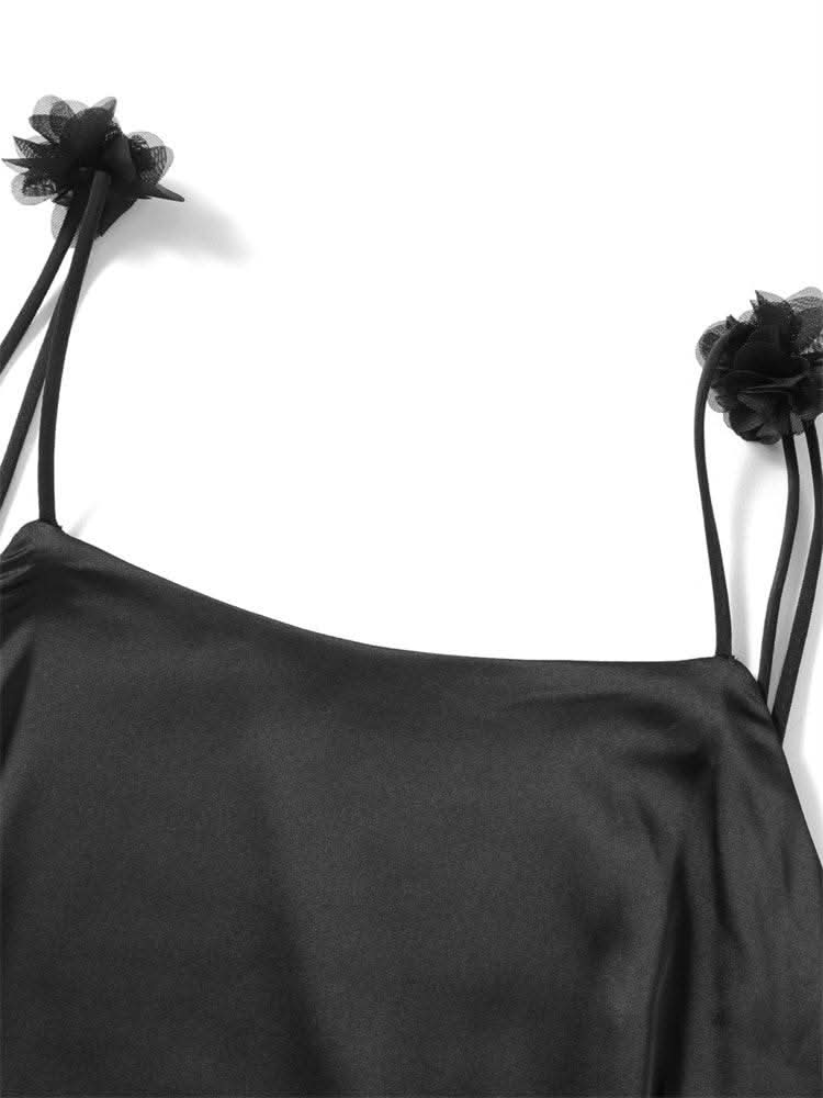 CHRONSTYLE Satin Backless Spaghetti Strap Long Dress for Women Sexy Backless 3D Flower Tassels Dress Party Cocktail Y2K Vestidos - M & M Global
