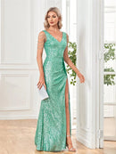 Elegant V-Neck Green Sequin Evening Dresses Long 2026 Luxury Women Formal Dress Wedding Party Prom Beading Gown