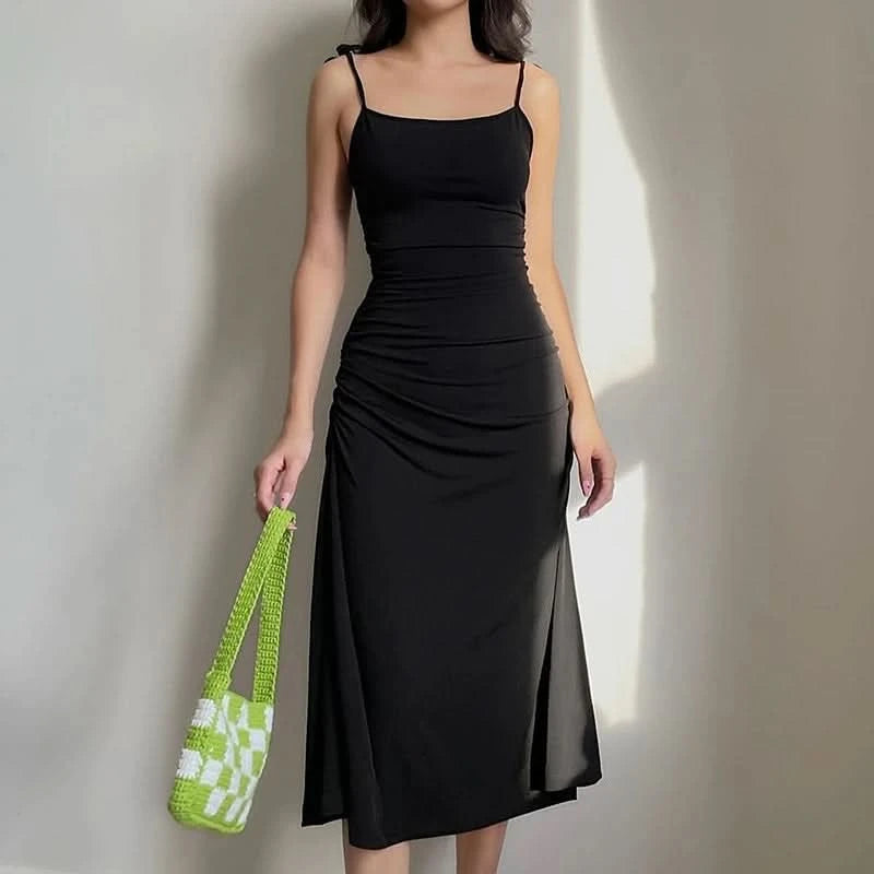 Fashion Strappy Ruched Sexy Black Dress Irregular Elegant Backless Long Dress Party Summer Dresses Women Clothes Vintage Dress - M & M Global