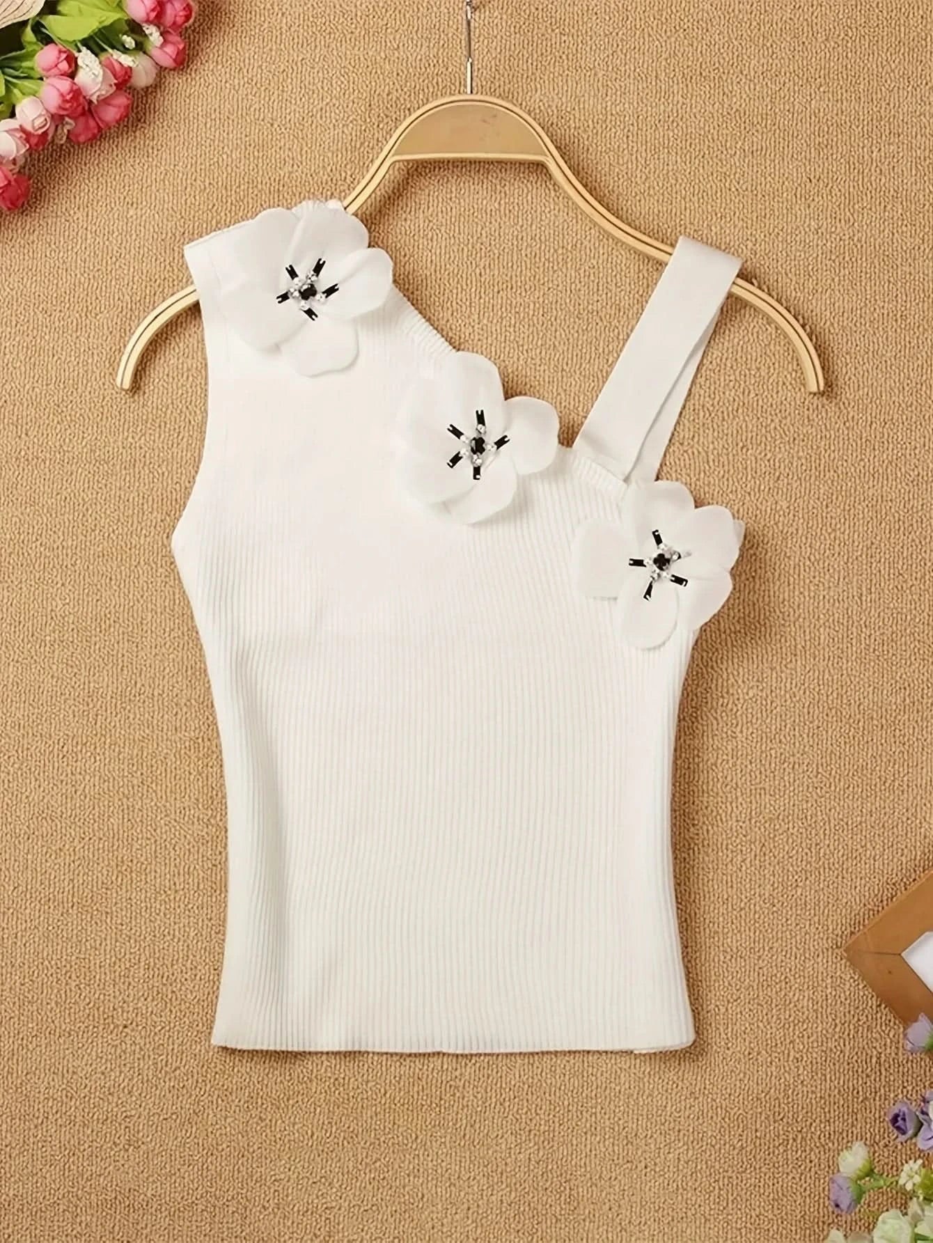 Solid Stereo Flower Asymmetric Neckline Knitted Top, Elegant Sleeveless Top For Summer & Spring, Women's Clothing - M & M Global