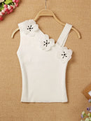Solid Stereo Flower Asymmetric Neckline Knitted Top, Elegant Sleeveless Top For Summer & Spring, Women's Clothing - M & M Global