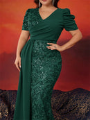Plus Size Elegant Short Sleeve Sequins Formal Evening Dresses Women Luxury Mermaid Wedding Party Bridesmaid Gowns
