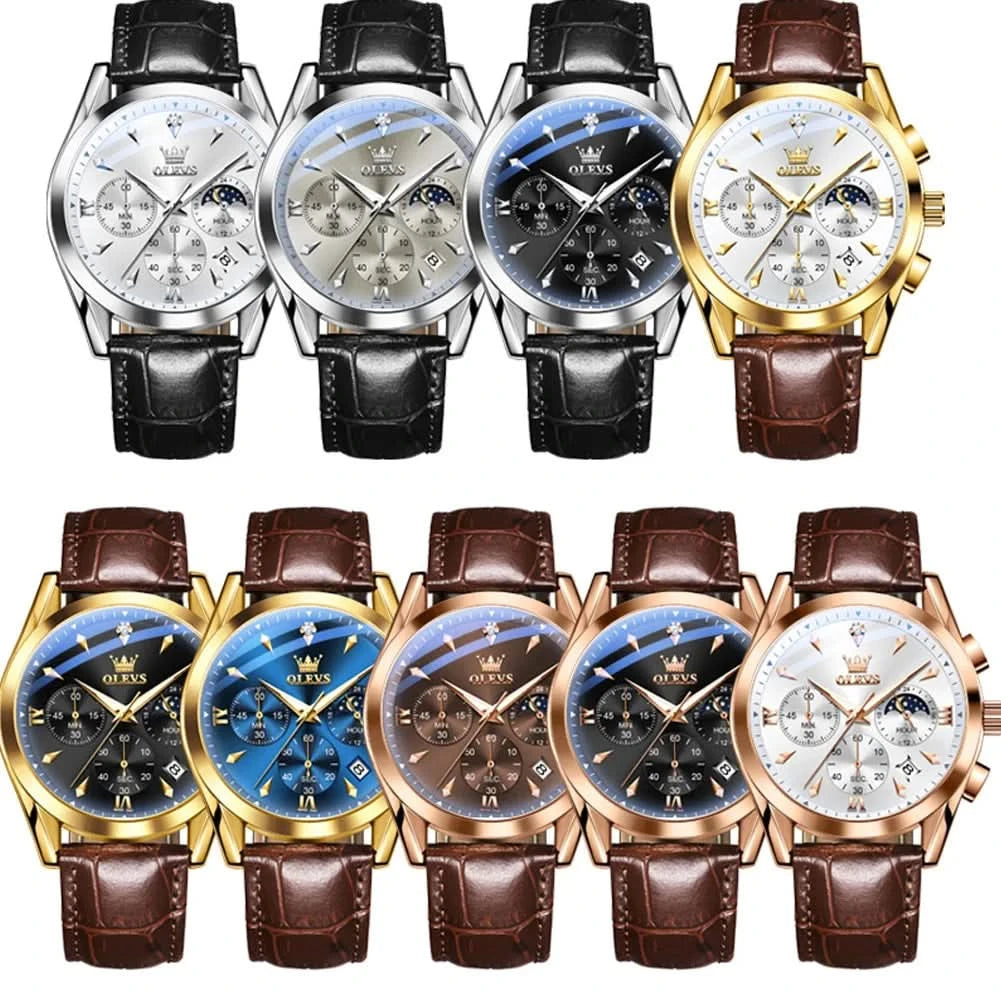OLEVS Original Watch Leather Strap Moon Phase Luminous Quartz Watches for Man Waterproof Calendar Business Trend Wristwatch - M & M Global