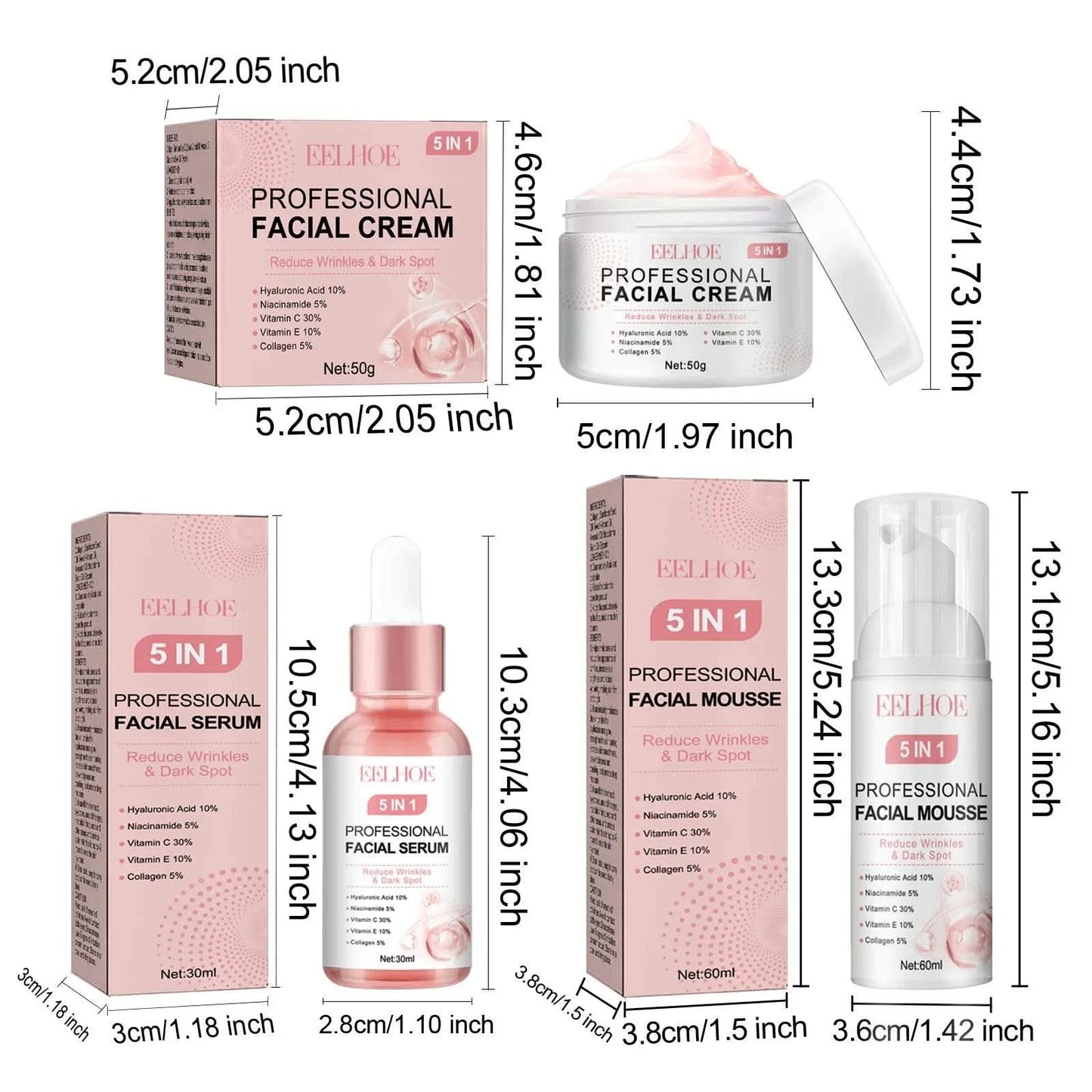 EELHOE 5 in 1 Face Serum for Glowing Skin Firming Micro Face Cream Anti Wrinkle Shrink Pores Cleansing Mousse Facial Skin Care - M & M Global