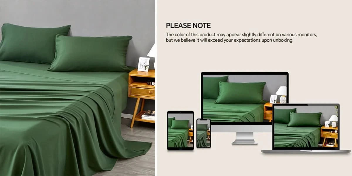 Green bed sheets displayed on a bed and shown on various devices with a note about color variation.
Queen size bedding set

4-piece microfiber bed set

Solid color comforter set

All-season bedding set

Lightweight comforter

Ultra-soft bed sheets

Minimalist bedding set

High thread count sheets

Fade-resistant microfiber bedding

Modern home bedding set