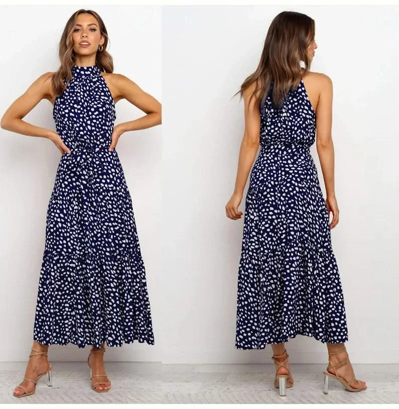 Summer Floral Print Halter Neck Dresses For Women Sleeveless Leace-up Long Dress Casual Beach Holiday Vestidos Female Clothing - M & M Global