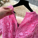 Designer 2025 Summer Pleated Chiffon Lace Long Dress Women Flower Embroidery Gold Button Belt Evening Party Dresses Wedding Robe - M & M Global