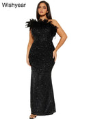 New Luxury Sequined Feather One Shoulder Sleeveless Slanted Collar Backless Purple Long Dress  Women Birthday Party Event Gowns - M & M Global
