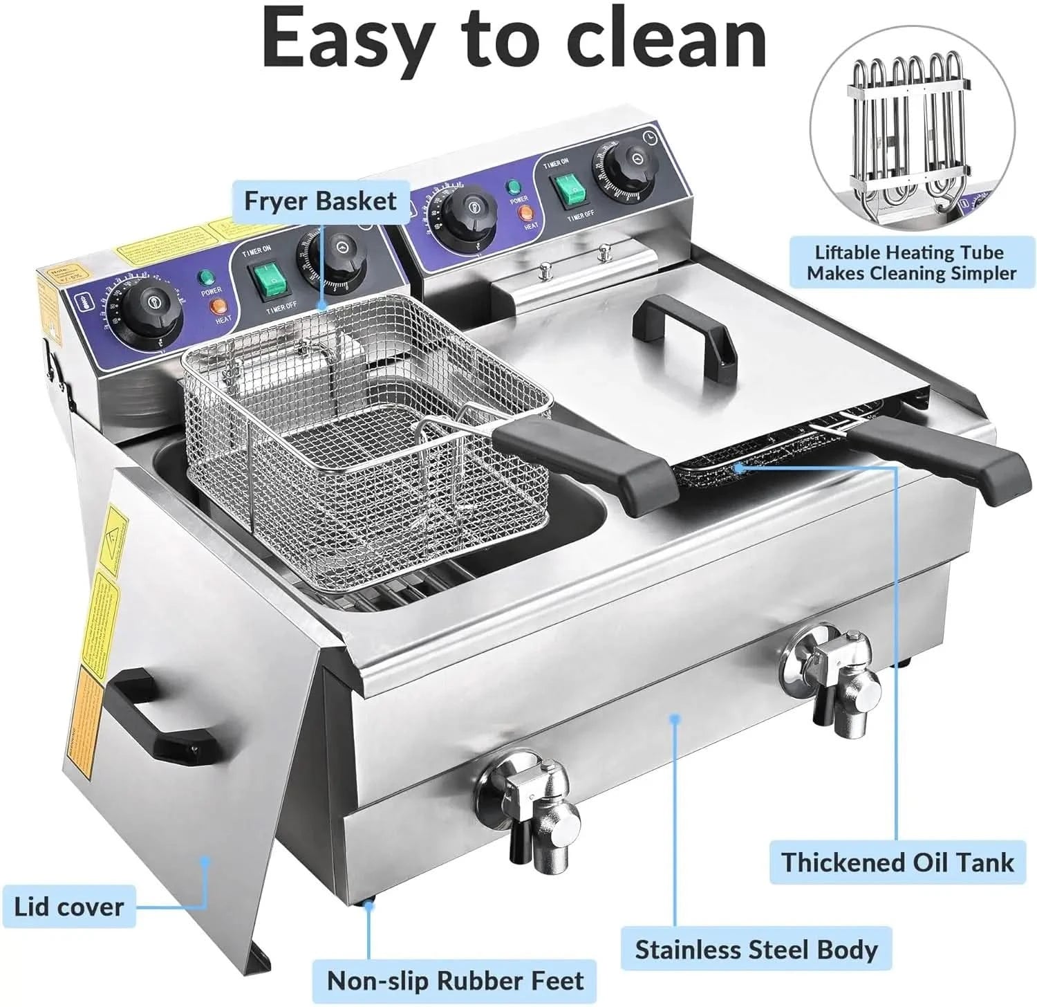 Commercial Electric Deep Fryer 23.4L 3000W Fryer w/Time Control and Oil Filtration Dual Removable Basket Stainless Steel Counter - M & M Global