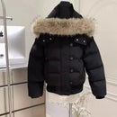 American New Winter Unisex Oversized Fur Trim Hooded Padded Coat Navy Blue Preppy Emblem Warm Casual Fashion Jacket