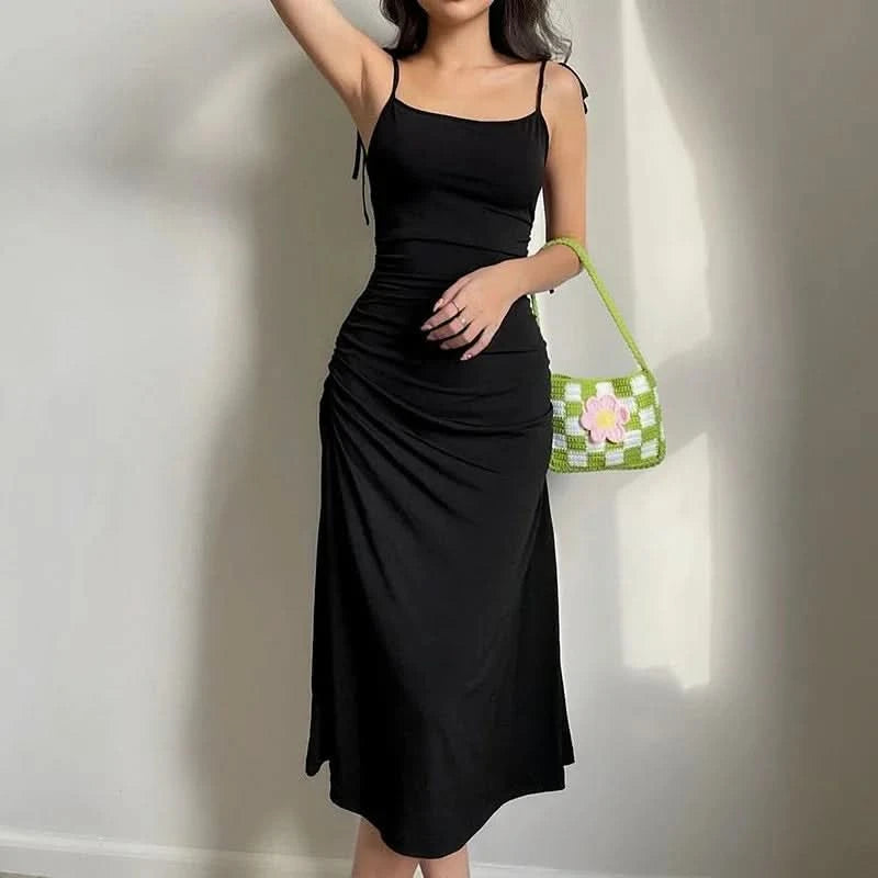 Fashion Strappy Ruched Sexy Black Dress Irregular Elegant Backless Long Dress Party Summer Dresses Women Clothes Vintage Dress - M & M Global