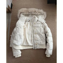 Y2K American Retro Fluffy Fur Collar Hooded Cotton Coat Women Solid Cream Winter Warm Slim Casual Jacket