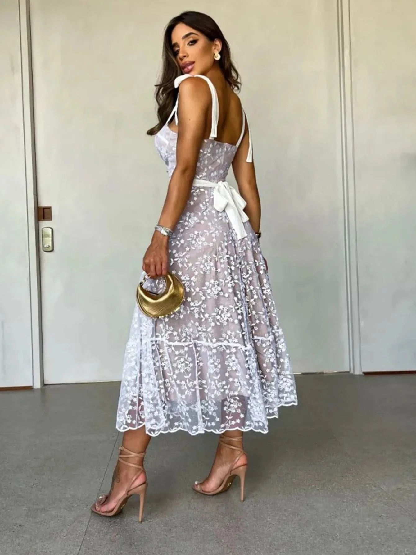 Sexy Lace Jacquard See Through Women Dress Sleeveless Tie Up Backless lace Long Dress Summer Party Ladies Bandage Party Dress - M & M Global