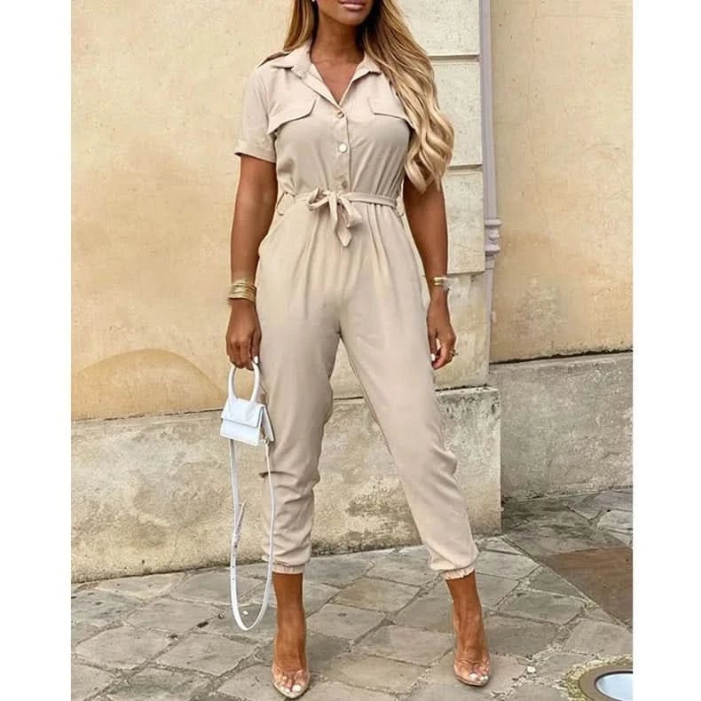 Women's Monochromatic Belt Workwear Jumpsuit, Casual Pants, Flip Collar, Buckle, European and American, Summer, 2024 - M & M Global