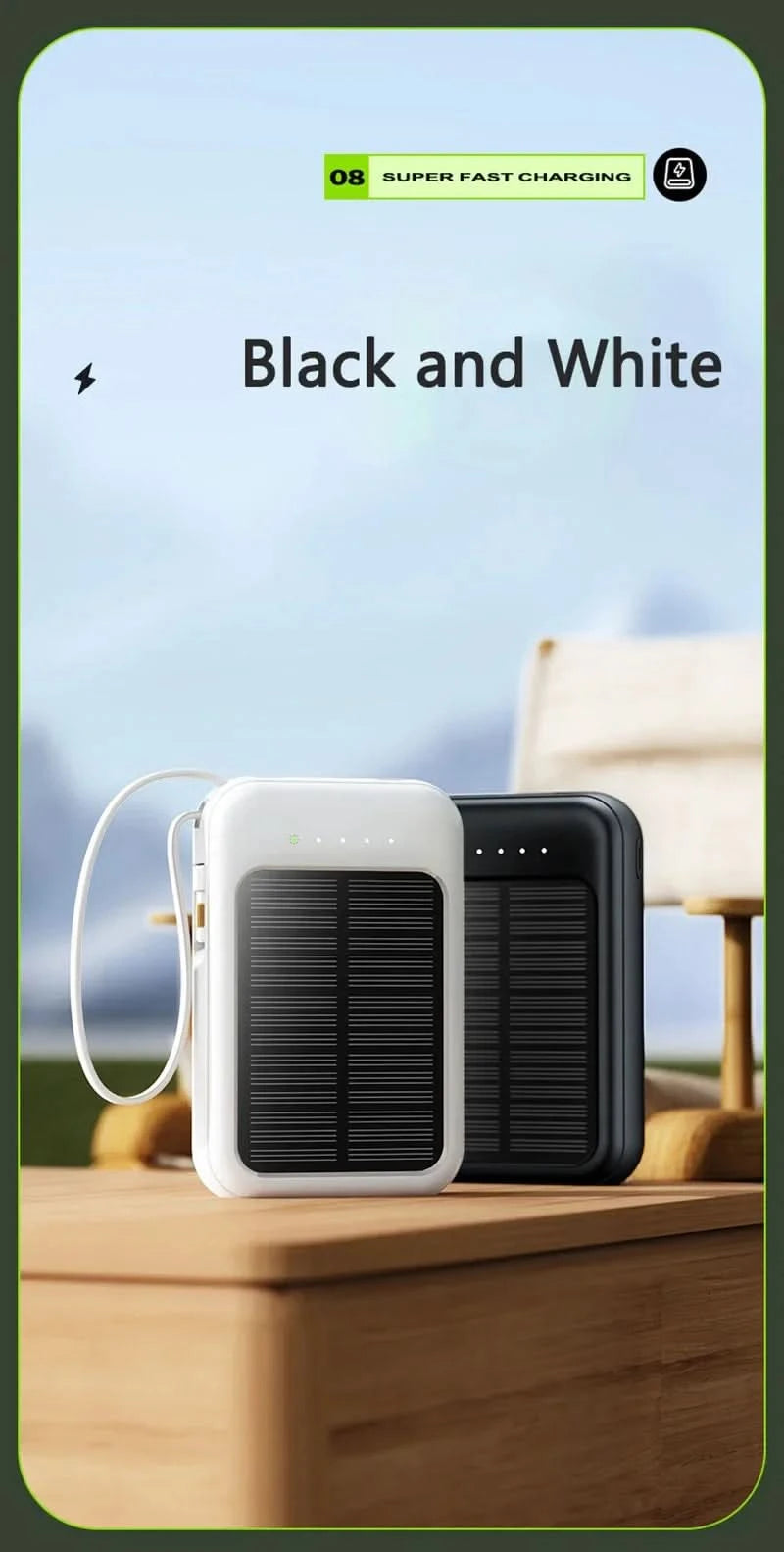 Solar Power Bank Built 4 Cables Portable Charger External Spare Battery Mini Powerbank with LED Light for IPhone Xiaomi Huawei - M & M Global
