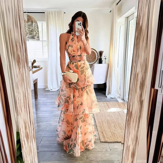 Spring Printed Hollow Boho Long Dress Women Elegant Tunic Mesh Lace Cake Party Dress Summer Halter Sleeveless Holiday Maxi Dress - M & M Global