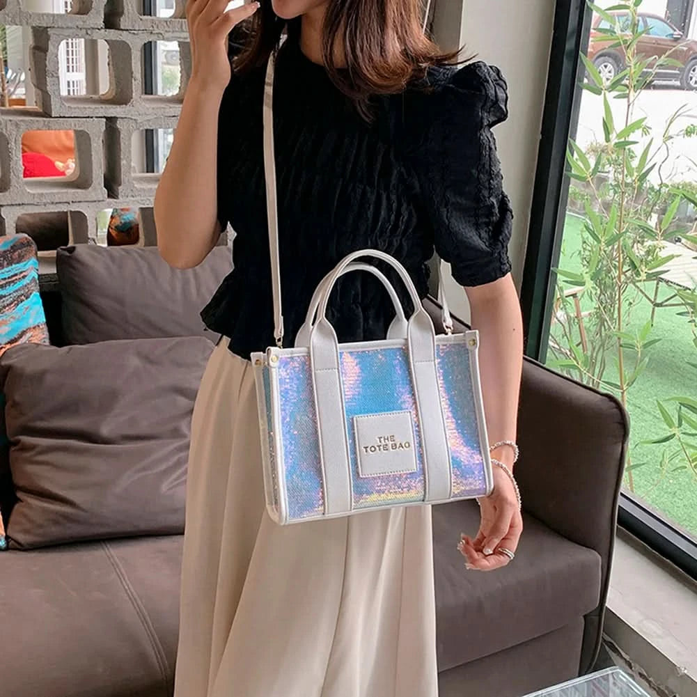 New The Tote Bag Letter Printed Sequins Top-Handle Bag Women Leather Handbag Luxury Designer Glitter Shoulder Crossbody Bag - M & M Global