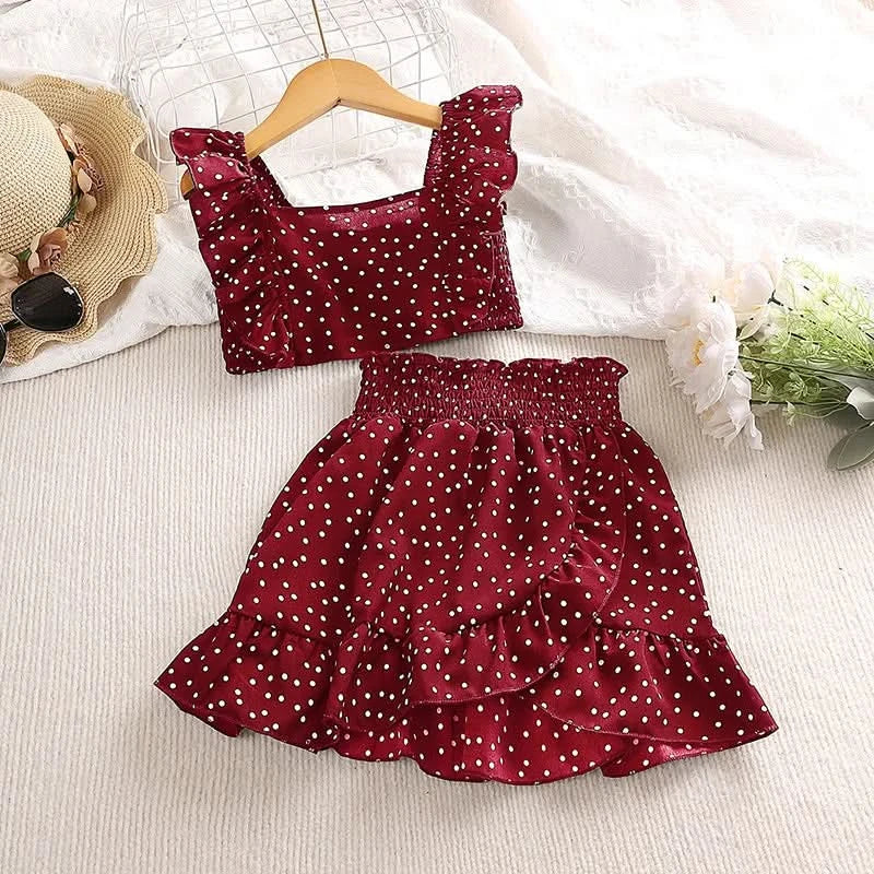 Girls' Clothing Set 5-12T Tri-Color Optional Flying Sleeve Square Collar Vest Top + Lace Skirts  Children Girls Baby Clothes Set - M & M Global