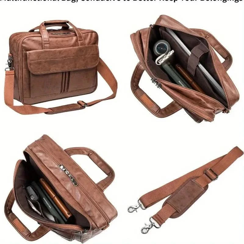 Vintage Messenger Bag for Men 17 Inch Laptop Briefcase Multi Pocket Faux Leather Shoulder Bag Business Crossbody Bag Travel - M & M Global