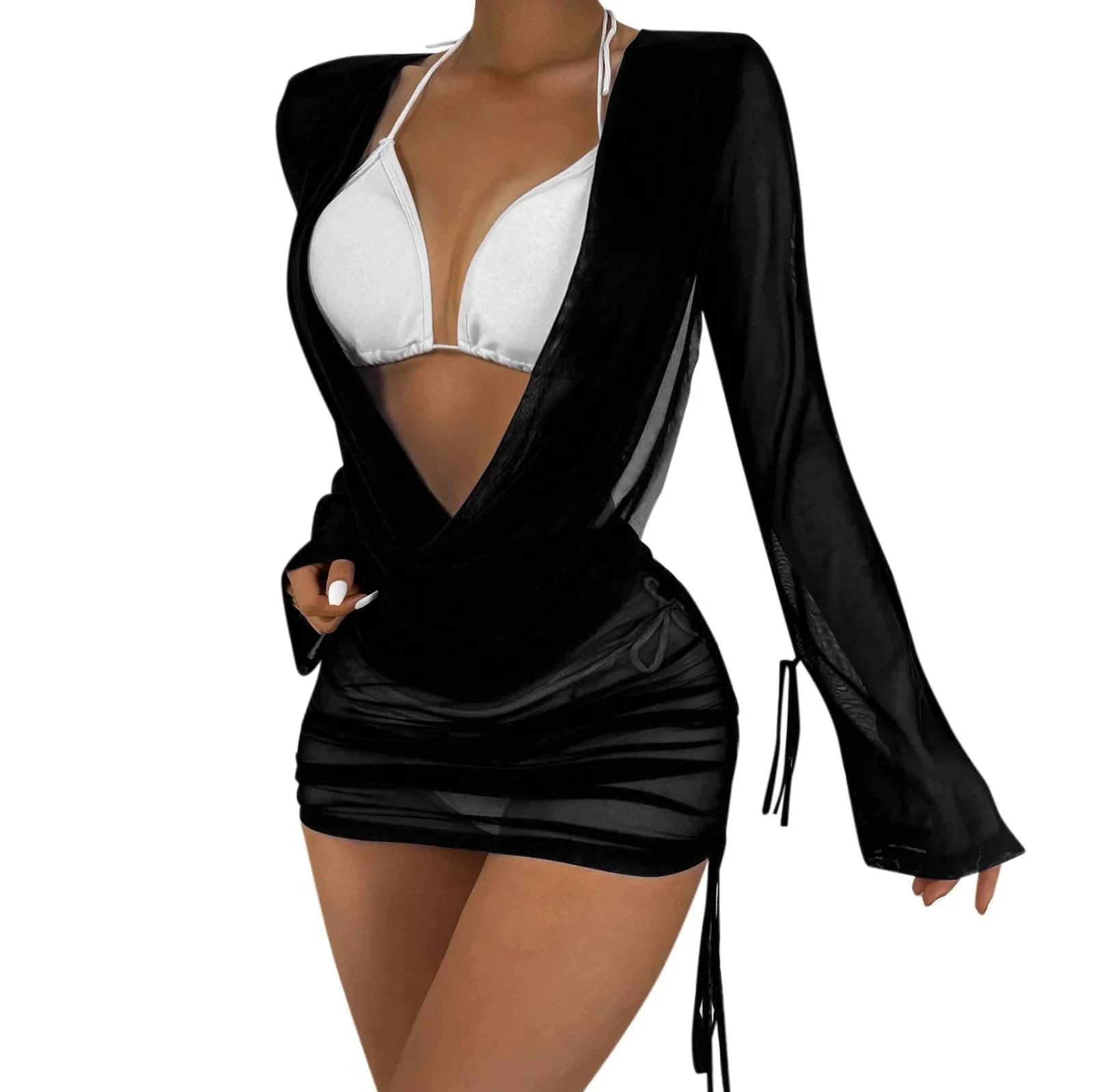 Beach Cover Ups Swimwear Women Draped Front Drawstring Knot Backless Mesh Bikini Set Without Lingerie купальник 2024 тренд - M & M Global