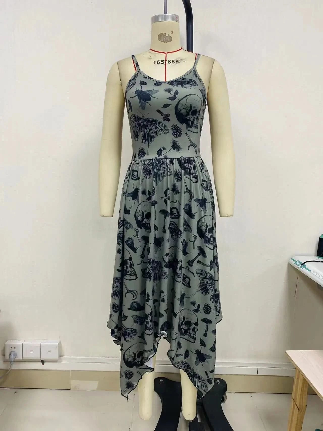 Goth Dark Fairy Grunge Y2k Aesthetic Skull Graphic Dresses Mall Gothic Shirring Lace Up Long Dress Punk A-line Slim Emo Clothing - M & M Global