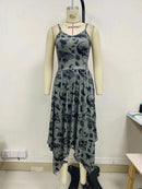 Goth Dark Fairy Grunge Y2k Aesthetic Skull Graphic Dresses Mall Gothic Shirring Lace Up Long Dress Punk A-line Slim Emo Clothing - M & M Global