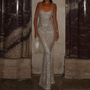 Fashion Rhinestone High Waist Slim Long Dress New 2024 Lady Sexy Off Shoulder Party Dress Casual Backless Hollow Suspender Dress - M & M Global