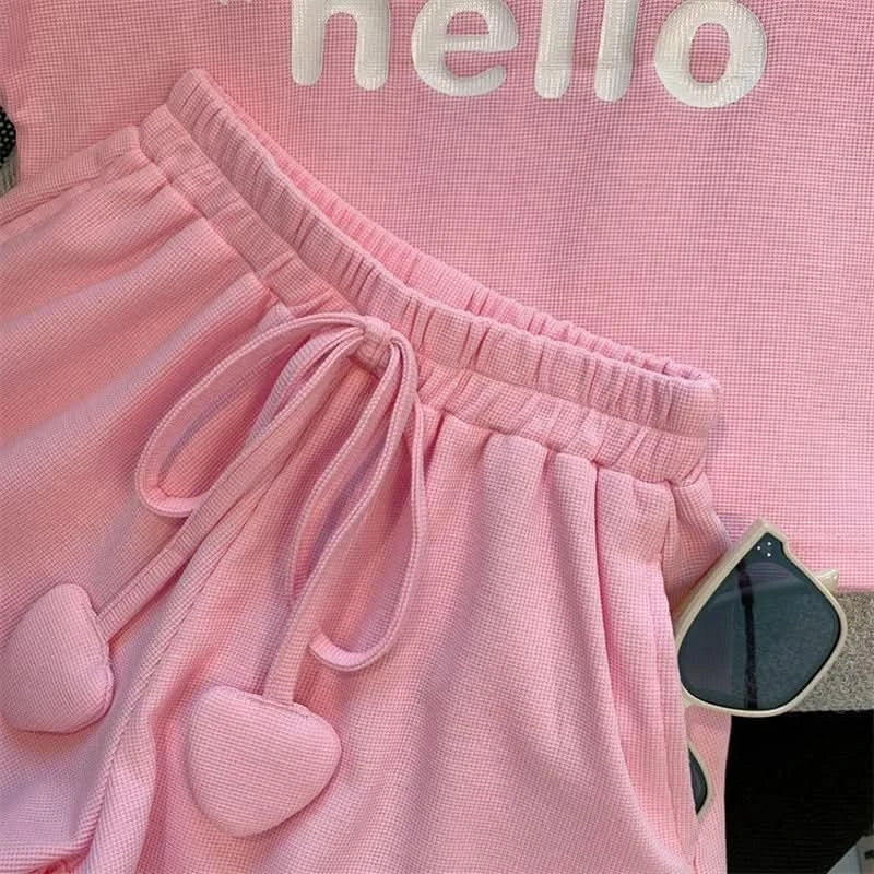 New 4 -14 Years  Summer Girls Clothing Set Letter Print Sleeveless T-shirt + Heart Shorts Pants 2pcs Suit Kids Leisure Outfit - M & M Global