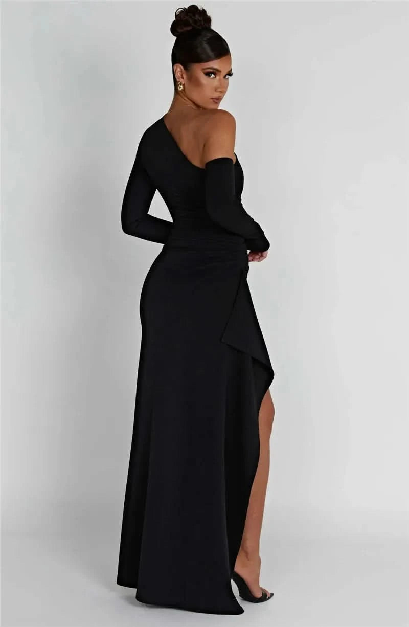 Mozision Oblique Shoulder Thigh High Split Maxi Dress Women Long Sleeve Backless Bodycon Sexy Club Party Long Dress Vestidos - M & M Global