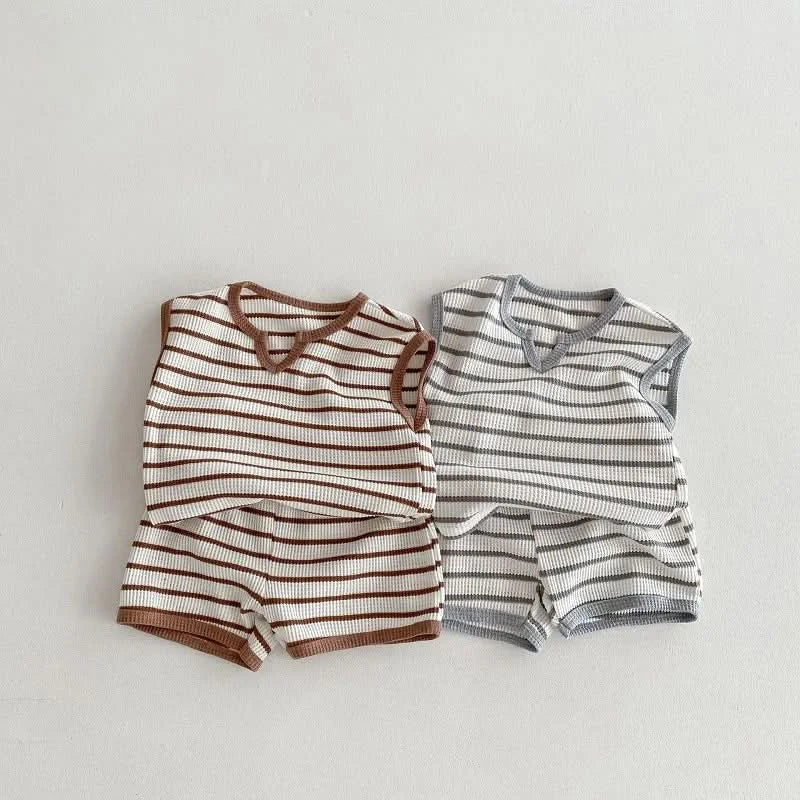 Summer baby clothes 0-5T solid color boys striped sleeveless T-shirt shorts set breathable girls vest short sleeved shorts set - M & M Global