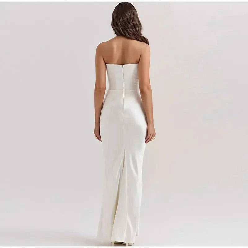 Sexy Strapless Patchwork Long Dress Women Slim Sleeveless Pleated Mermaid Dresses 2025 Spring Summer Lady Evening Solid Robe - M & M Global