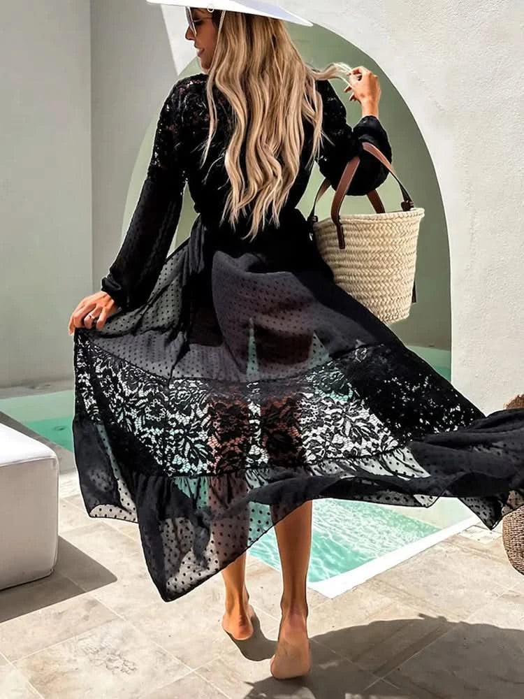 Summer Women Lace Patchwork Bikini Chiffon Beach Dress Cover Up Kimono Polka Dot Lace-up Cardigan Swimwear Long Sleeve Holiday - M & M Global