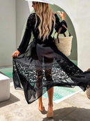 Summer Women Lace Patchwork Bikini Chiffon Beach Dress Cover Up Kimono Polka Dot Lace-up Cardigan Swimwear Long Sleeve Holiday - M & M Global