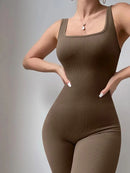 Women's Sleeveless Yoga Jumpsuit Exercise Ribbed Square Neck Vest High Waist  Fitness Sports One-piece Yoga Suit - M & M Global