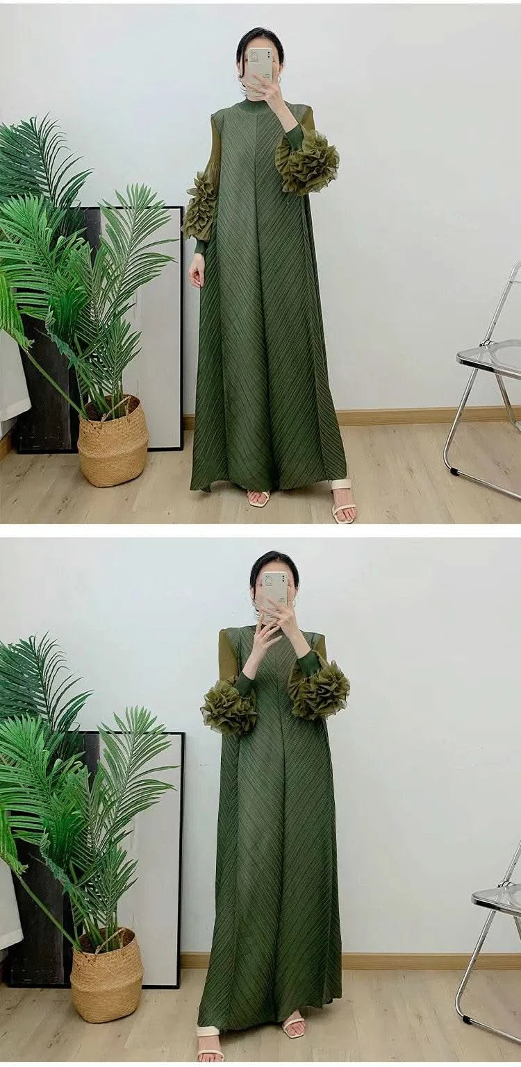 ANLAN Miyake Pleated Maxi Long Dress Mesh Petal Sleeve Half Turtleneck Formal Dresses for Women 2024 New Hot Sales 6KK9927 - M & M Global