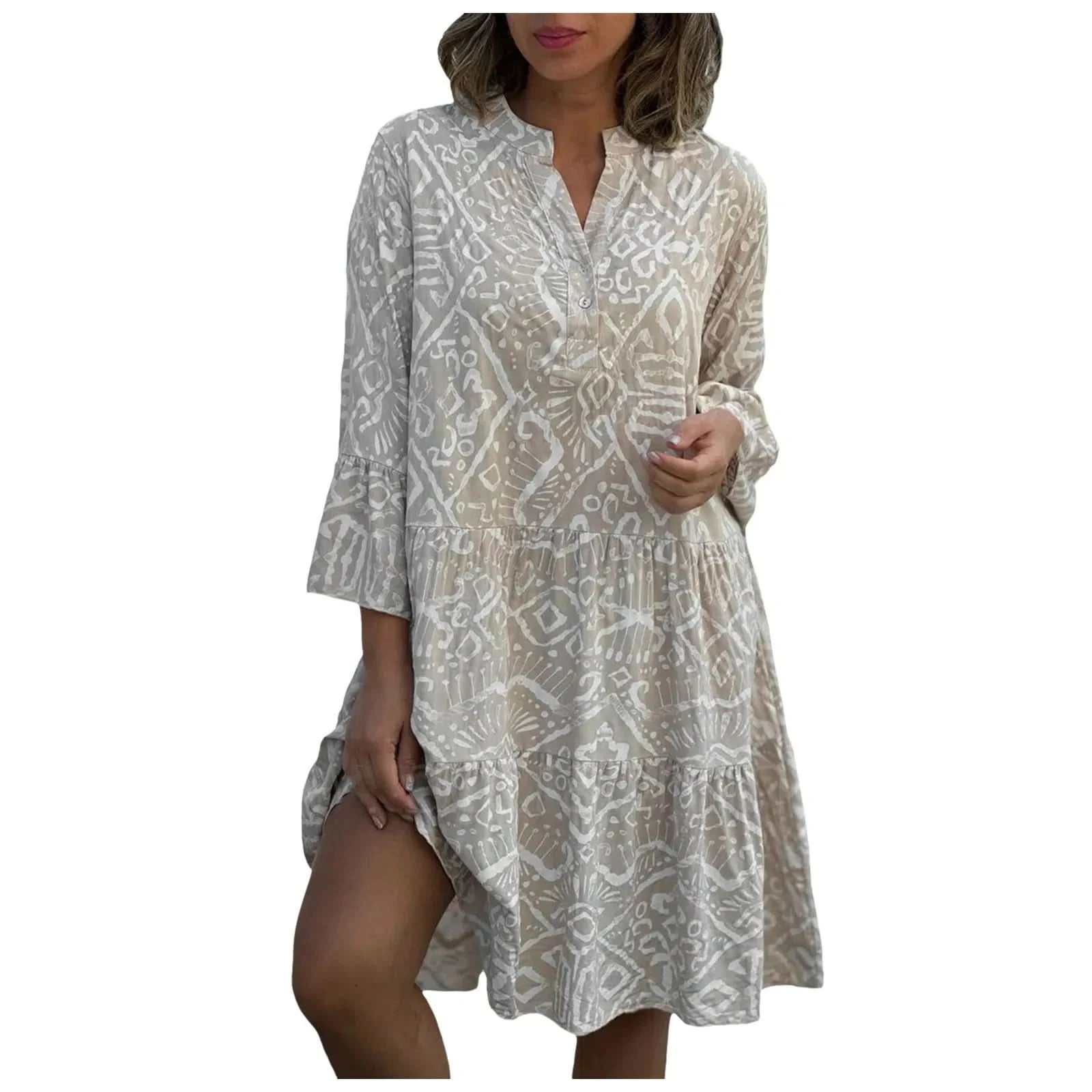 Women Floral Print Maxi Dress Fashion Casual V Neck Long Dress Plus Size Summer Boho Dress Ruffle Three Quarter Sleeves Dresses - M & M Global