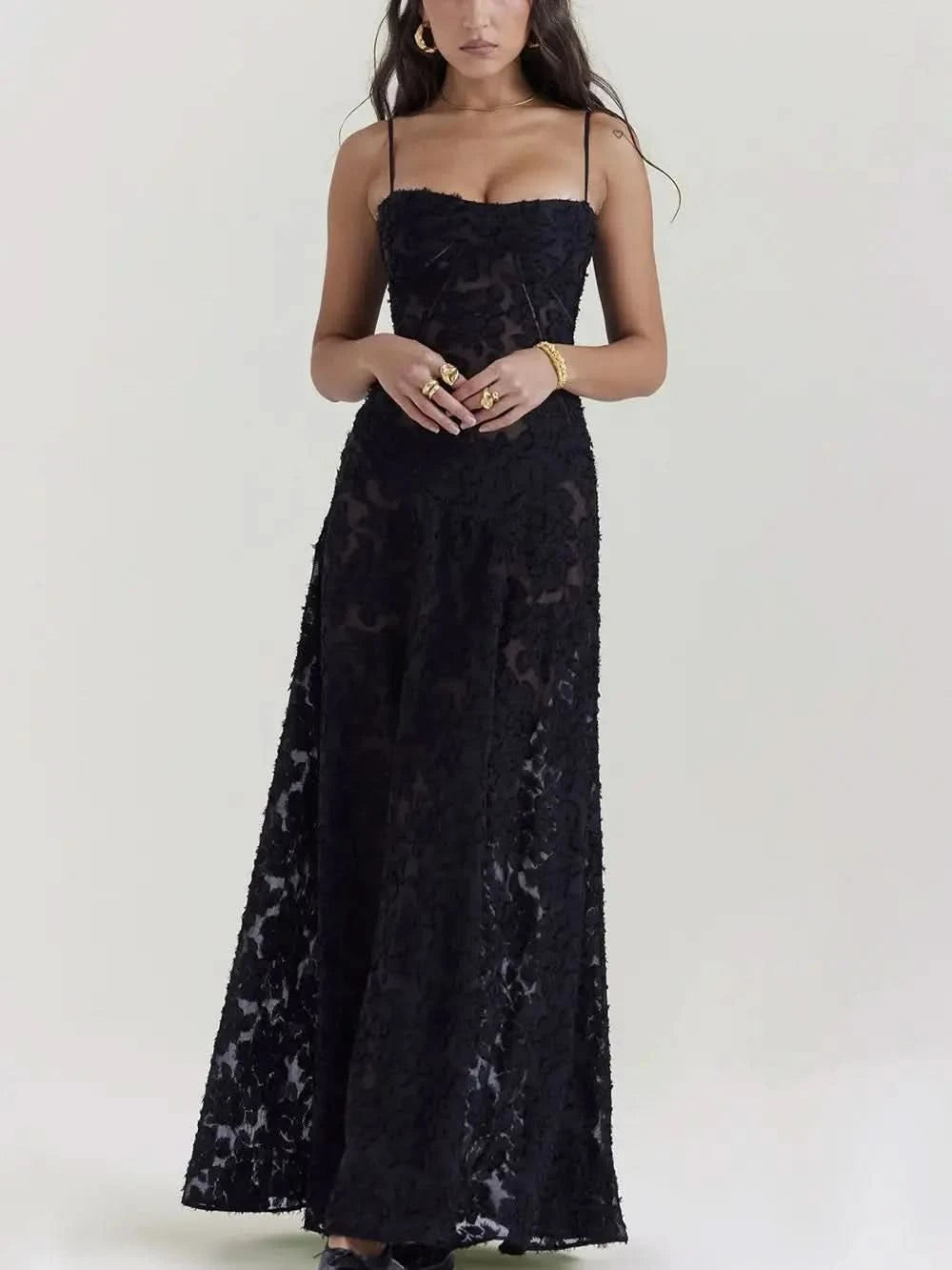 Sexy Lace Jacquard See Through Women Dress Sleeveless Tie Up Backless lace Long Dress Summer Party Ladies Bandage Party Dress - M & M Global