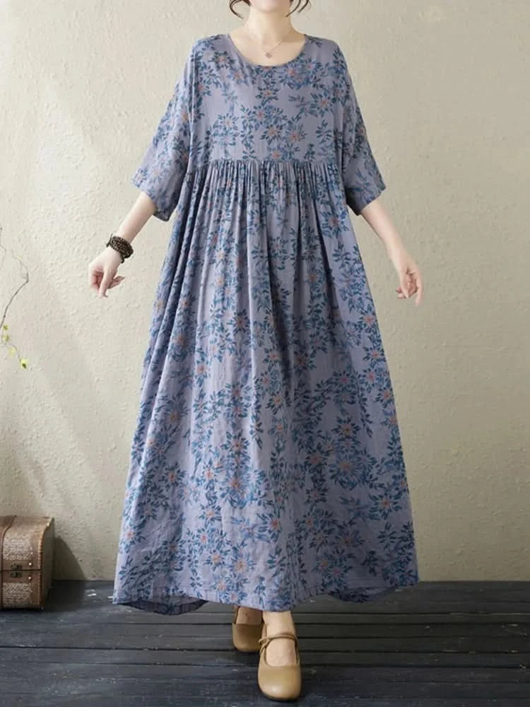Oversized Summer Long Dress Women Floral Print Fashion Short Sleeve Ladies Dresses Casual Loose Ruffle Pleated Woman New Dress - M & M Global