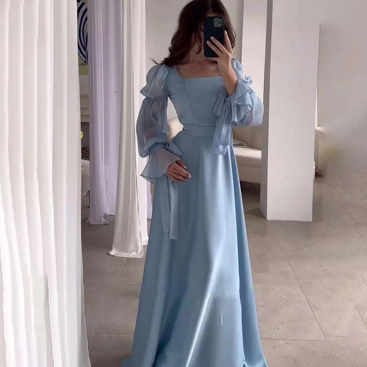 Eid Muslim Party Dress Women Sweet Puff Sleeve Long Dress Square Collar Vestidos Largo Ramadan Abayas Dubai Arab Long Robe 2024 - M & M Global