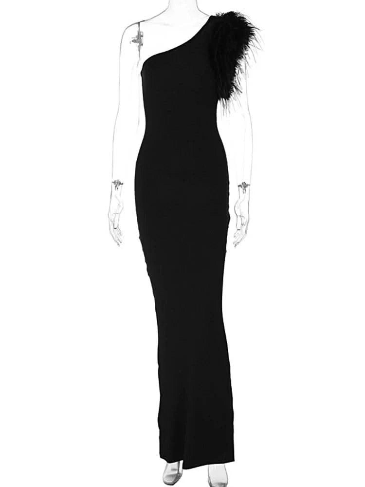 Dulzura Black Sleeveless One Shoulder Maxi Dress For Women Bodycon Sexy Party Elegant Long Dress Birthday Evening Outfit - M & M Global