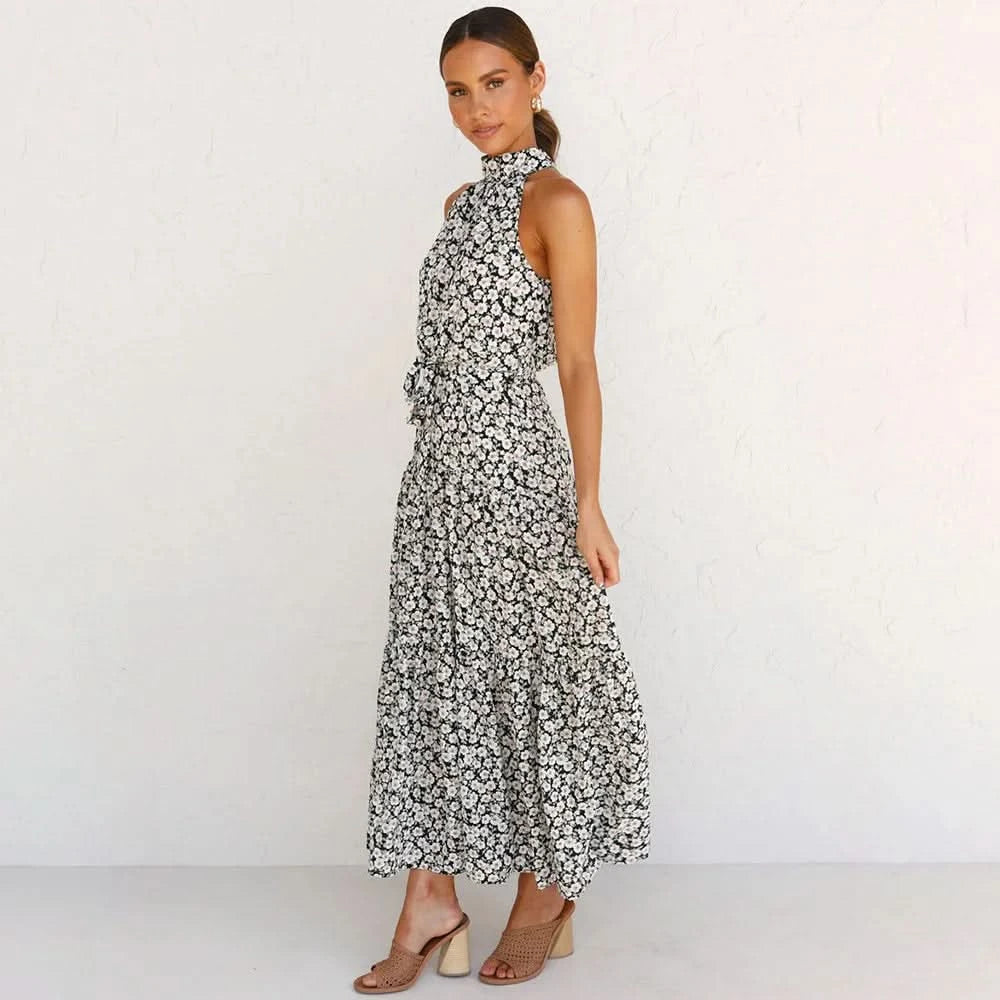 Summer Floral Print Halter Neck Dresses For Women Sleeveless Leace-up Long Dress Casual Beach Holiday Vestidos Female Clothing - M & M Global