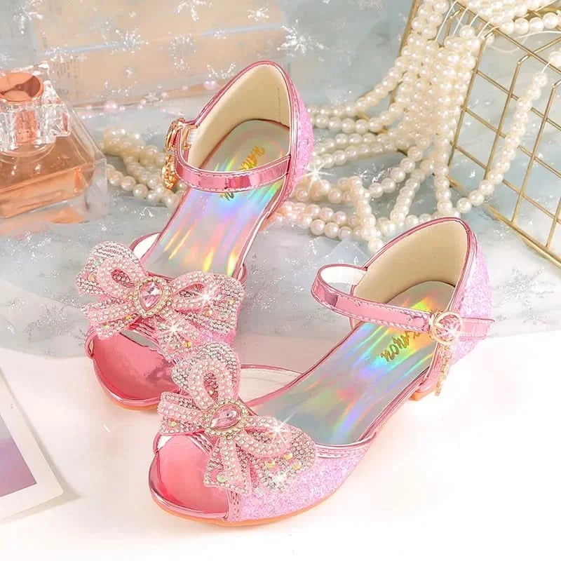 Summer Girls Sandals With Heel Fashion Rhinestone Shiny Glitter Shoes Children Princess Bowtie Pearl Dancing Shoes H876 - M & M Global