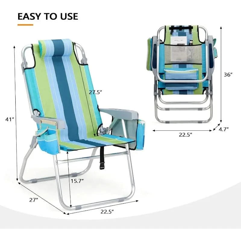 VINGLI Tall Beach Chair 2 Pack, with 5-Position, Cooler Bag, Cup Holders, Towel Bar, Lightweight Folding Beach Camping Chairs