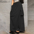 ZANZEA 2024 Vintage Cargo Maxi Skirts Women Elegant Loose Jupes Office Big Pockets Jupes Autumn Elastic Waist Skirts Streetwear
