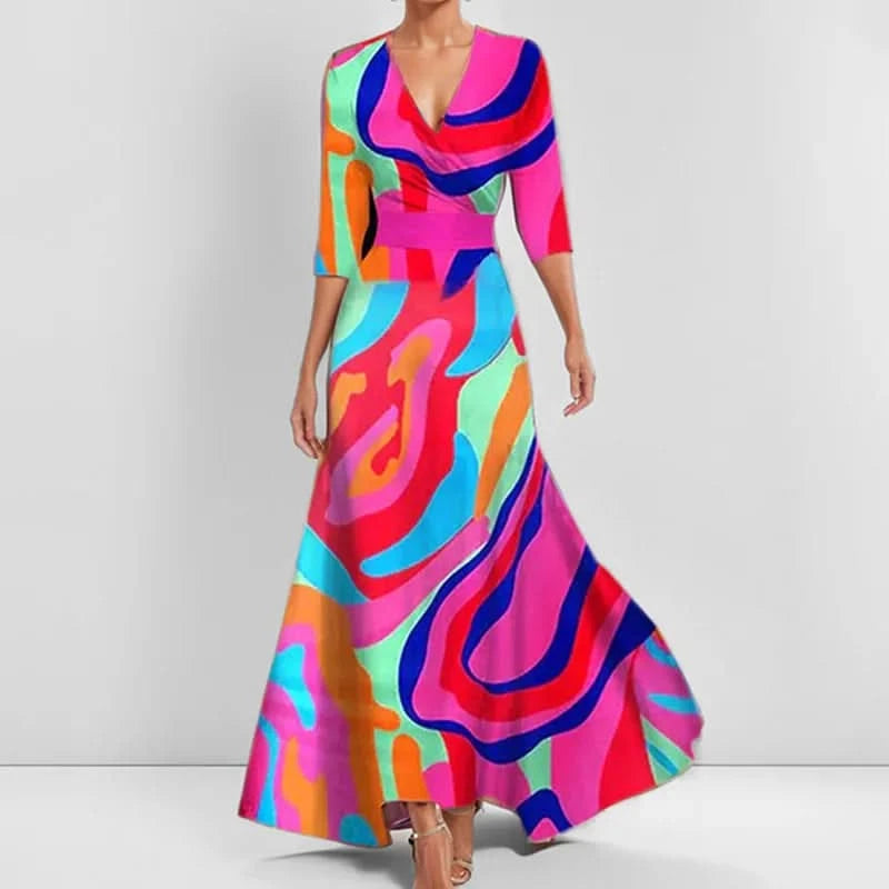 Spring Summer Women Fashion V Neck Belted Party Long Dress Sexy Printing  Boho Maxi Dresses Short Sleeve Pocket Femlae Holiday - M & M Global