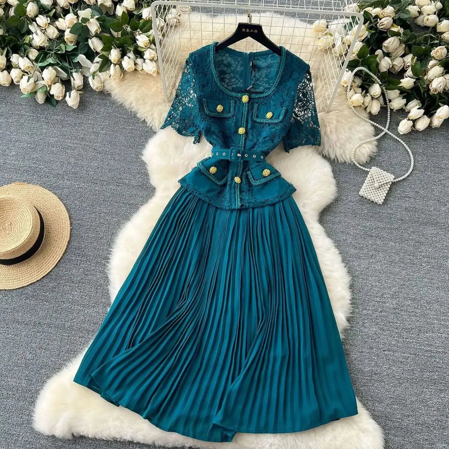 Designer 2025 Summer Pleated Chiffon Lace Long Dress Women Flower Embroidery Gold Button Belt Evening Party Dresses Wedding Robe - M & M Global