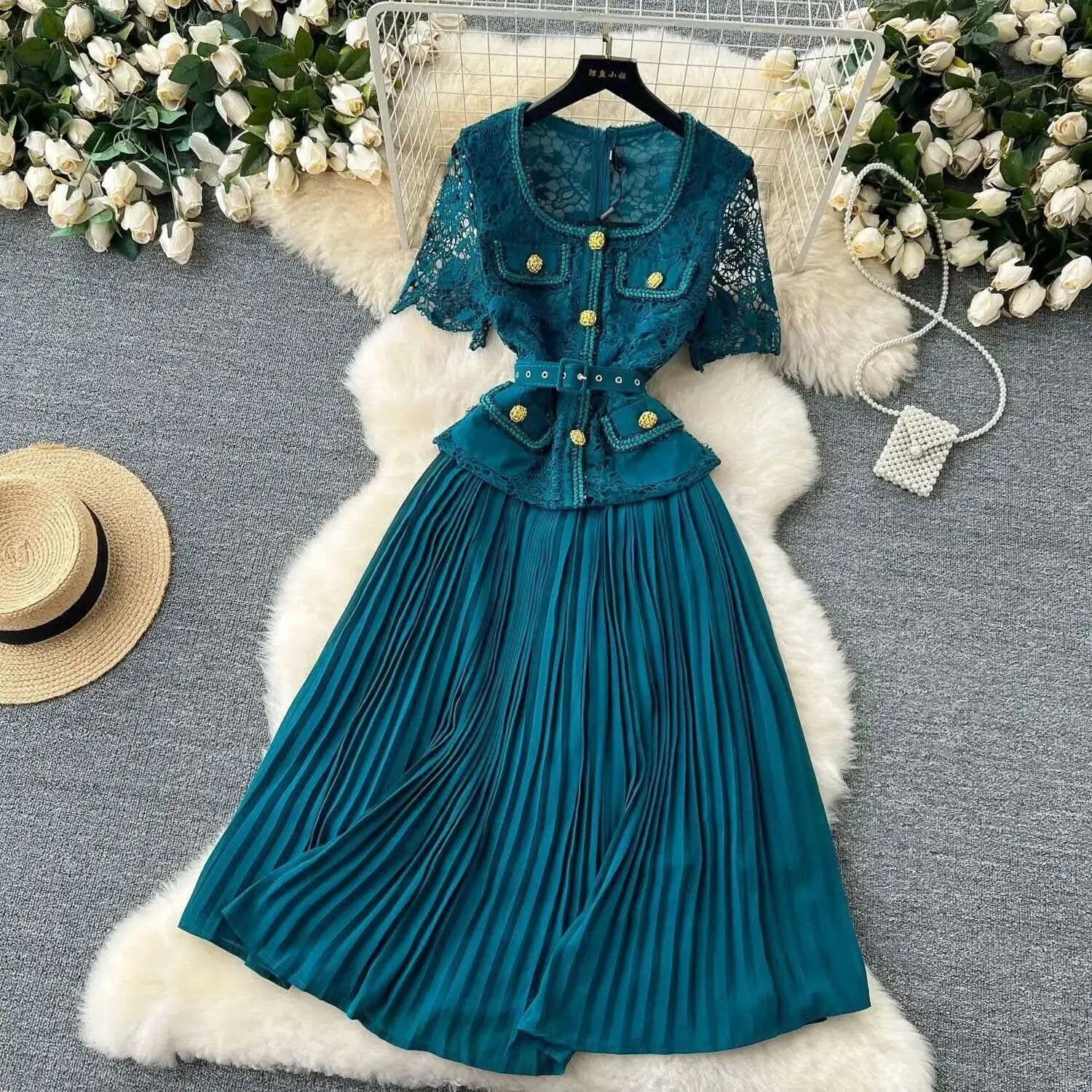 Designer 2025 Summer Pleated Chiffon Lace Long Dress Women Flower Embroidery Gold Button Belt Evening Party Dresses Wedding Robe - M & M Global